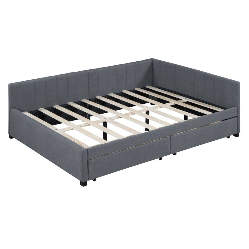 Full Size Upholstered Daybed with 2 Storage Drawers, Linen Fabric Sofa Bed Frame with L-Shaped Headboard, No Box Spring Needed