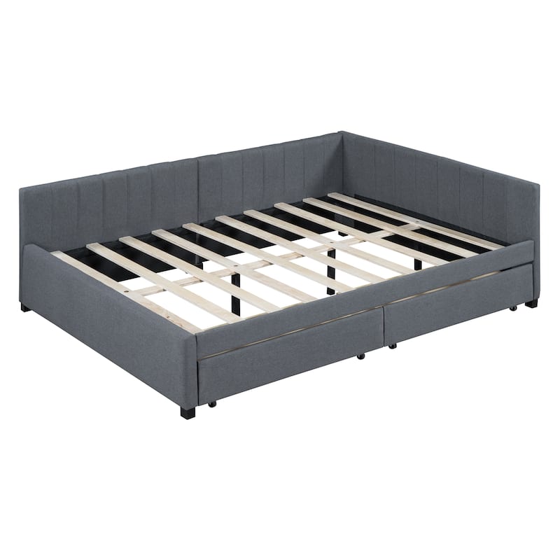 Full Size Upholstered Daybed with 2 Storage Drawers Sofa Bed Frame No Box Spring Needed, Linen Fabric (Beige)