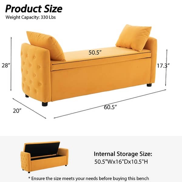 dimension image slide 4 of 5, Storage Bench for Bedroom, 60" End of Bed Bench for King Size Bed Modern Upholstered Long Bench with Tufted Arm