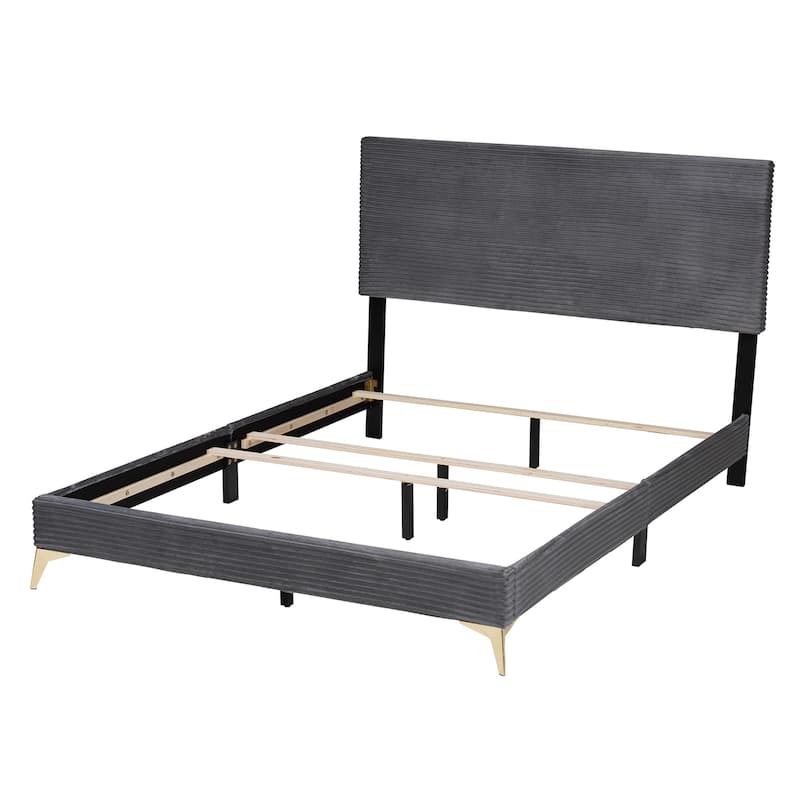 Velvet Queen Bed - Modern Panel Bed with Gold Metal Legs, Channel Tufted Headboard, Bedroom Furniture