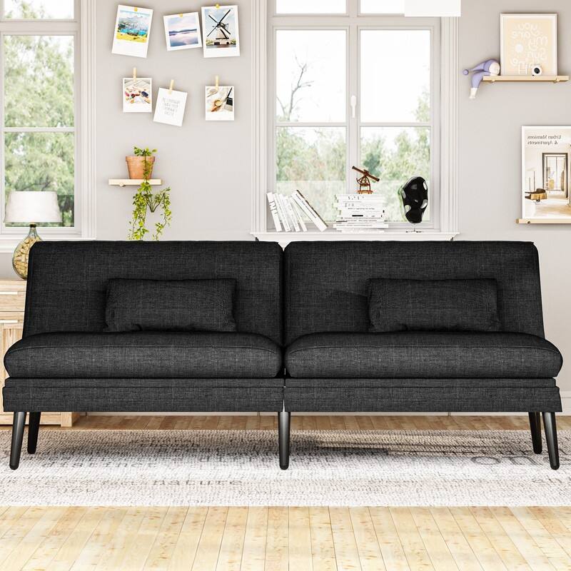Grondin Convertible Futon Sofa Bed, 5-Angle Adjustable Backrest Sleeper Couch with 2 Pillows, Modern Style Recliner Lounge