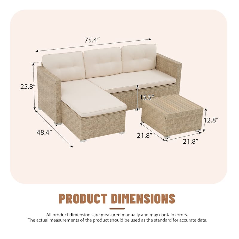 L-Shaped Outdoor Sectional Sofa, PE Wicker Patio Sofa Set with Table and Cushions