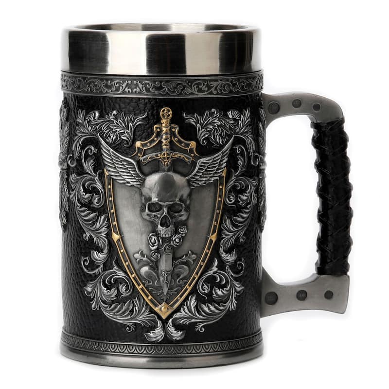 Veronese Design 6.3 H Winged Skull Crest Stein (Stainless Steel Tumbler) Cold Cast Pewter Multicolor