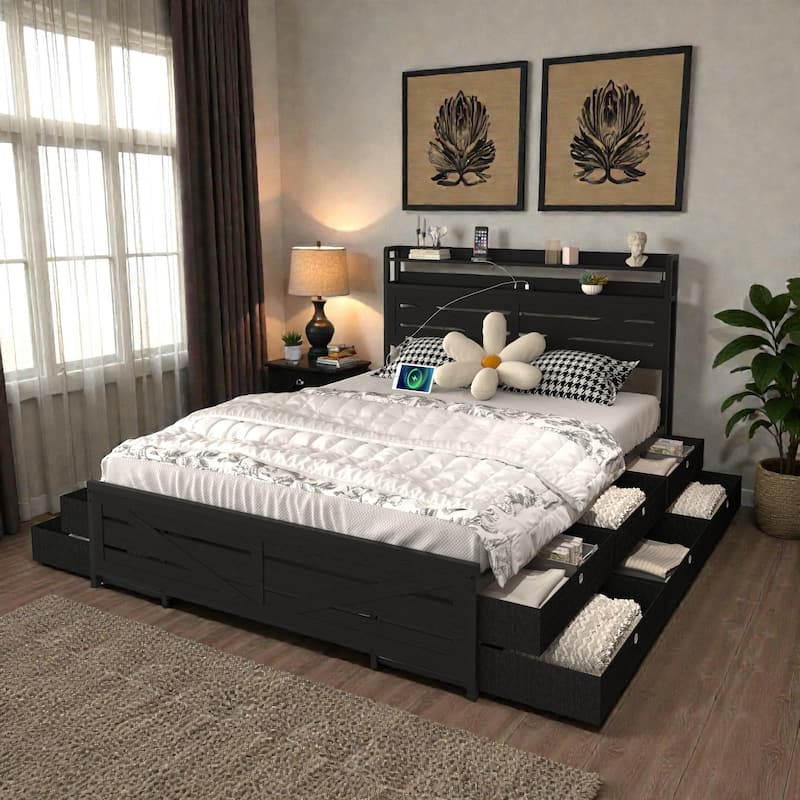 Full Size Bed Frame with Storage Headboard and 12 Drawers, LED Lights, Metal Platform Bed No Box Spring