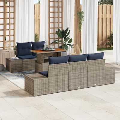 vidaXL 6 Garden Sofa Set with Cushions Black/Grey Poly Rattan - 94.1 x 24.4 x 27.2
