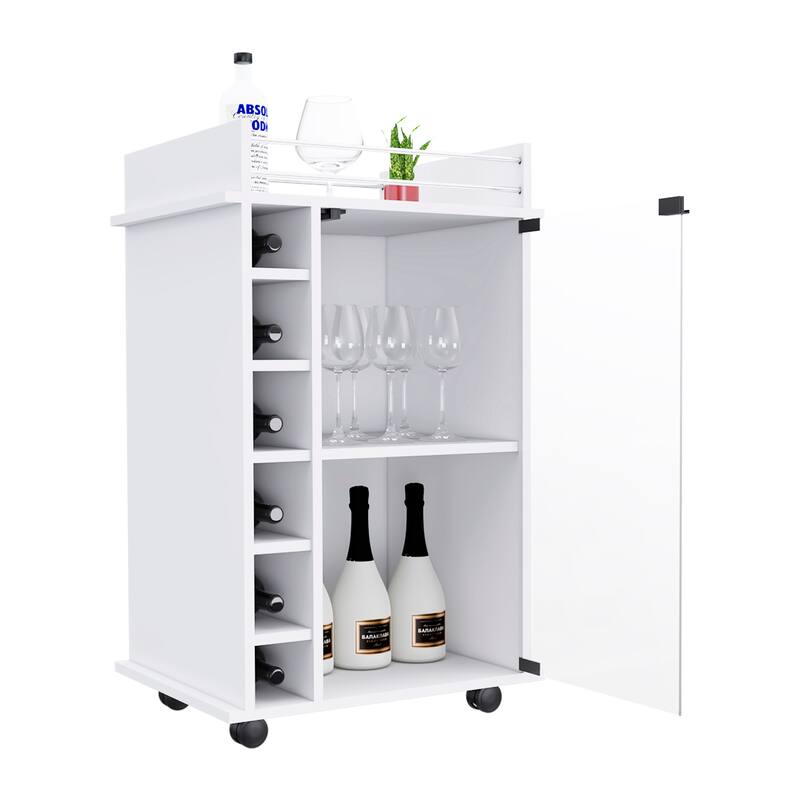 Stylish White Bar Cart with Glass Door, Two Shelves, Six Liquor Bottle Cubbies, and Locking Casters