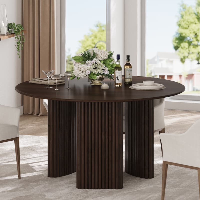 Modern Round Dining Table with Striped Column Legs Solid Wood Kitchen Table Anti-Scratch Footpads - Walnut - 52 in.L x 52 in.W