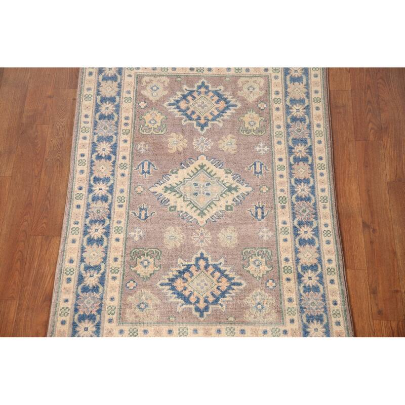 Geometric Kazak Oriental Accent Rug Handmade Brown Wool Carpet - 2'8" x 4'2"