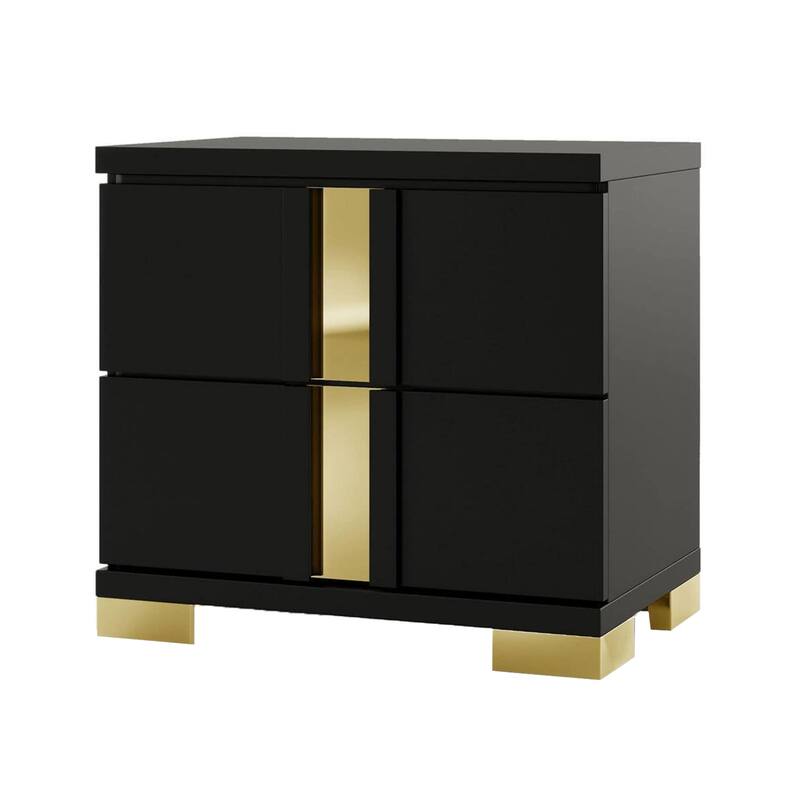 Yoki Nightstand, 2 Drawers, Modern Glam Black and Gold, 23 Inch