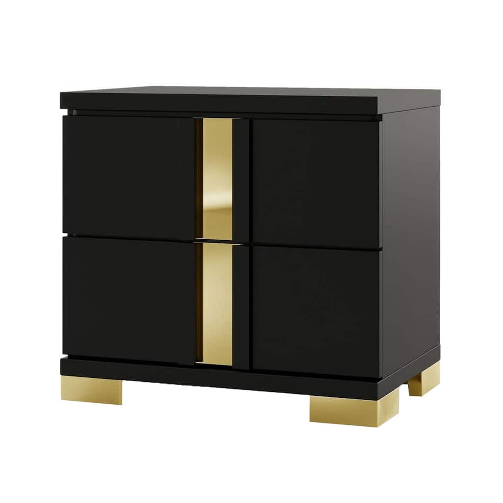 Yoki Nightstand, 2 Drawers, Modern Glam Black and Gold, 23 Inch