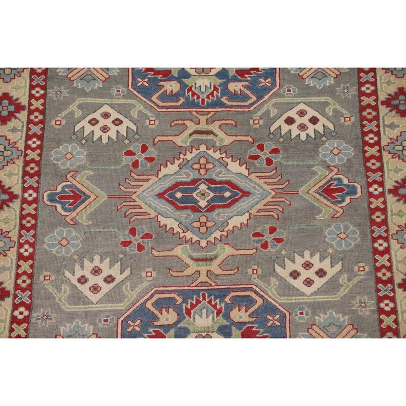 Gray Geometric Kazak Area Rug Handmade Oriental Wool Carpet - 4'11" x 7'0"