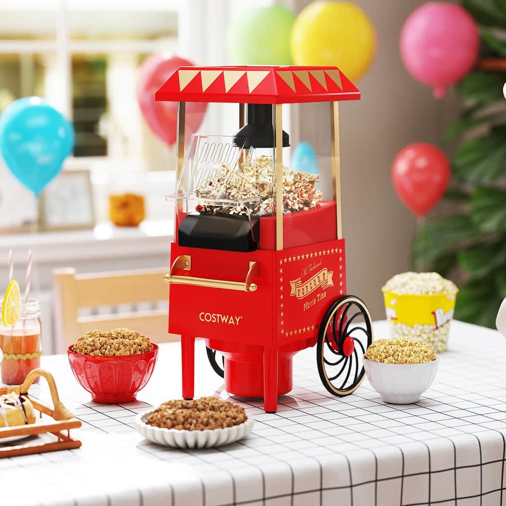 Retro Hot Air Popcorn Maker 1200W Oil-Free & Fat-Free Makes 12 Cups