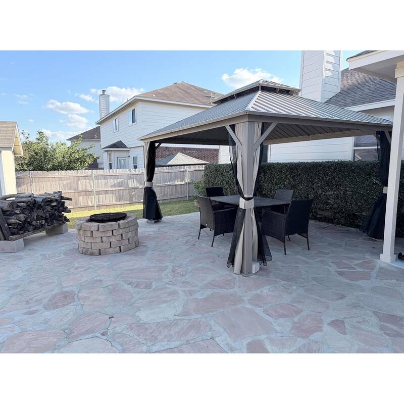 PURPLE LEAF Outdoor Hardtop Gazebo Champagne Metal Frame Galvanized Steel Double Roof with Curtains and Netting for Poolside