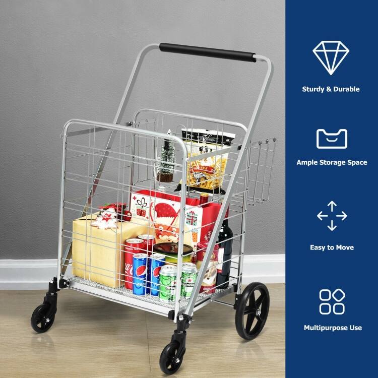Multi-Purpose Foldable Grocery Cart with 360 Degree Front Wheels and Large Basket and Back Storage - 25" x 25" x 40"(L x W x H)
