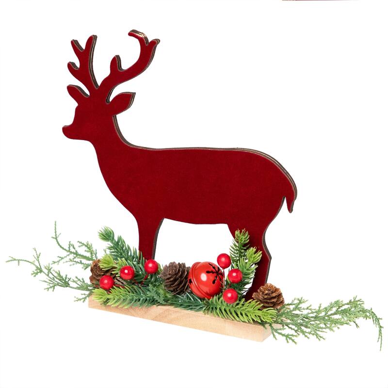 Deer and Jingle Bell Christmas Decoration - 8"- Red and Green