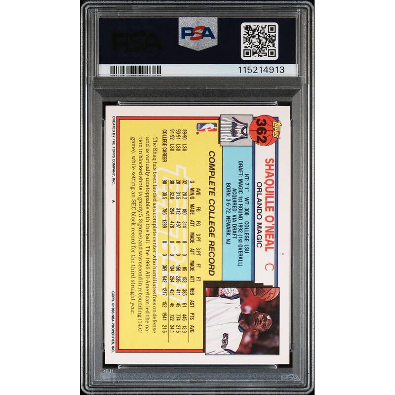 Shaquille O'Neal 1992 Topps Gold Signed Basketball Rookie Card #362 Auto PSA 115214913 - 8' x 11'