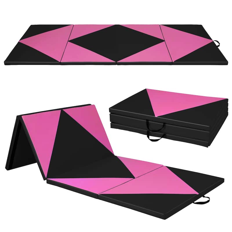 4-Panel Foldable Gymnastics Mat with Shock Absorbing Foam and Hook Loop Secure Connection - 120" x 48" x 2" - Black-Pink