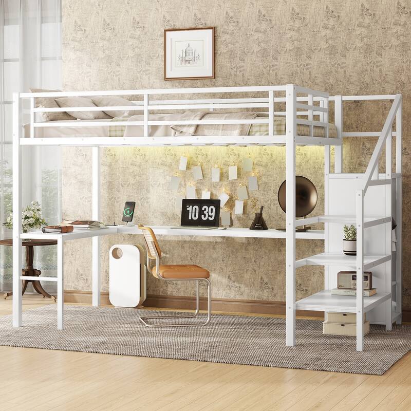 Full Size Loft Bed with L-shaped Desk and USB, Metal Loft Bed with Wardrobe and Adjustable Shelf, High Loft Bed with LED - Off White