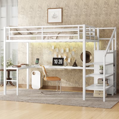 Full Size Metal Loft Bed with L-Shaped Desk, Built-In Wardrobe, USB Charging Port, Adjustable Shelf and LED Lighting