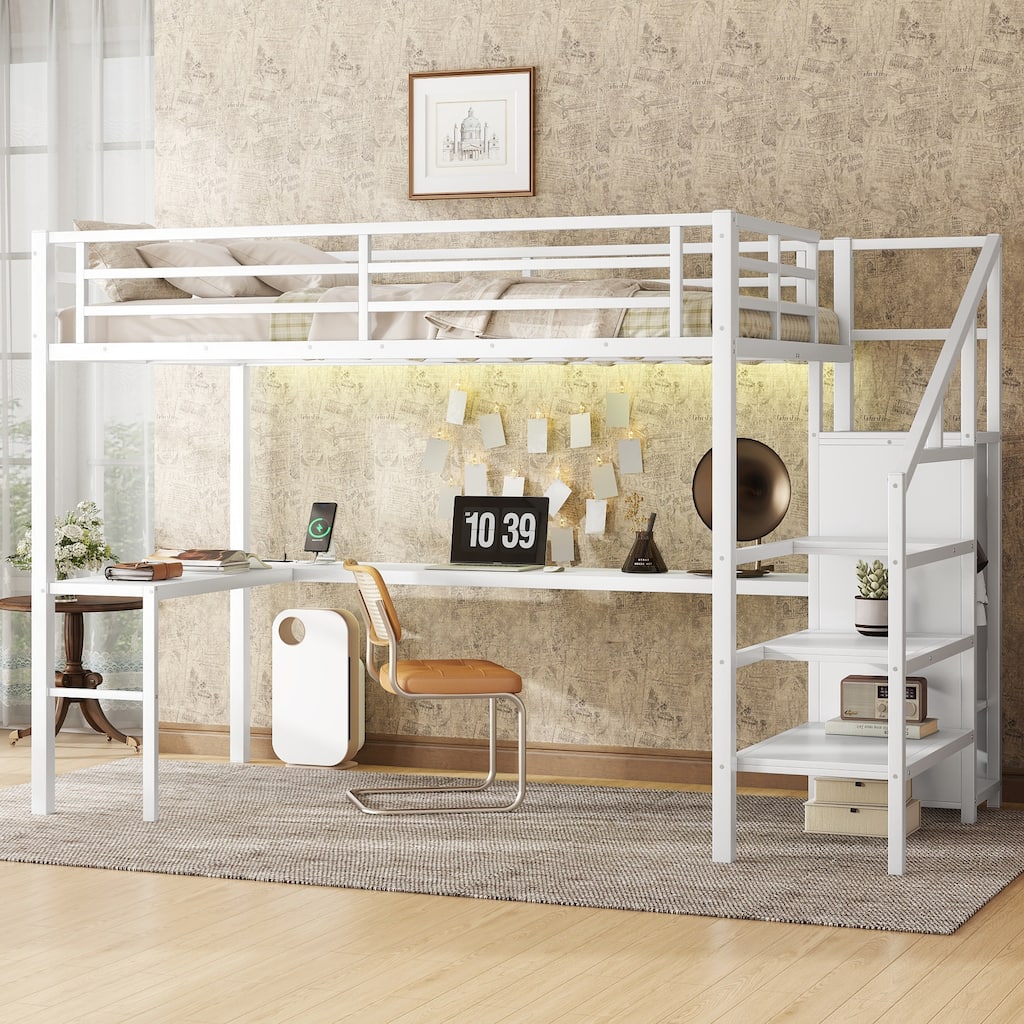 Full Size Metal Loft Bed with L-Shaped Desk, Built-In Wardrobe, USB Charging Port, Adjustable Shelf and LED Lighting