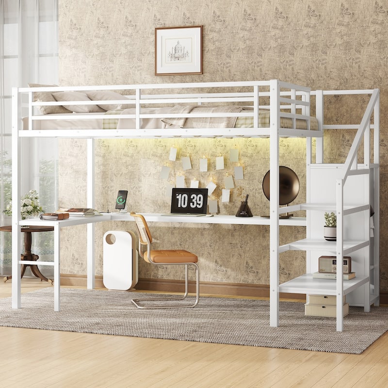 Full Size Metal Loft Bed with L-shaped Desk, Wardrobe, USB, LED, and Adjustable Shelf for Kids, Teens, and Adults - Off White