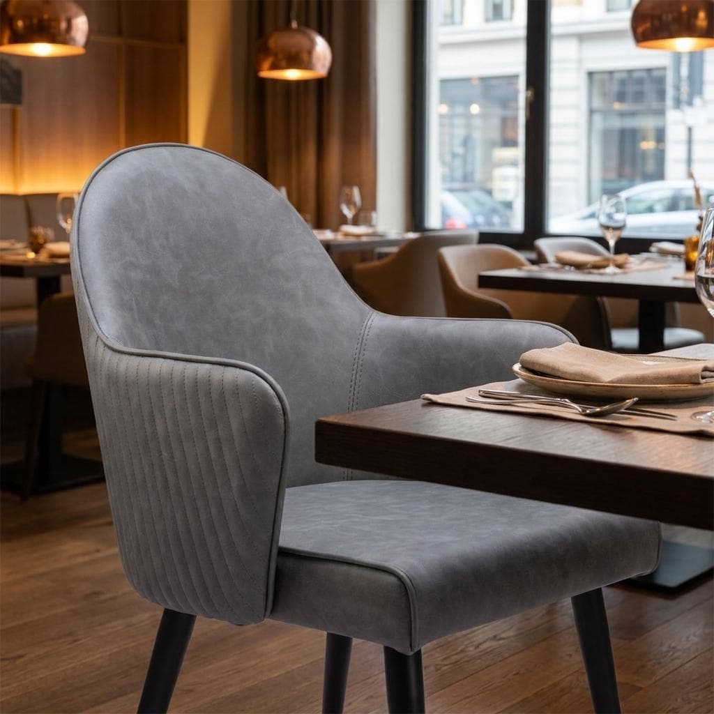 HomeRoots Gray And Black Faux Leather And Steel Dining Arm Chair - 21.70 in. x 33.70 in. x 22.20 in.