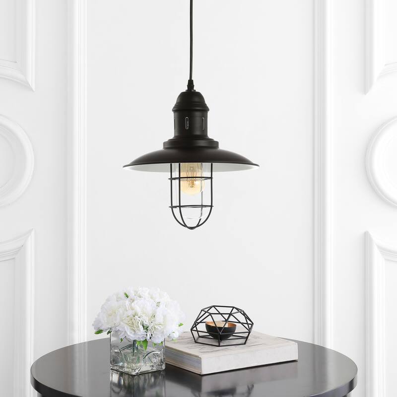 Deere 12" Adjustable Iron/Glass Cage Light LED Kitchen Pendant, Black by JONATHAN Y