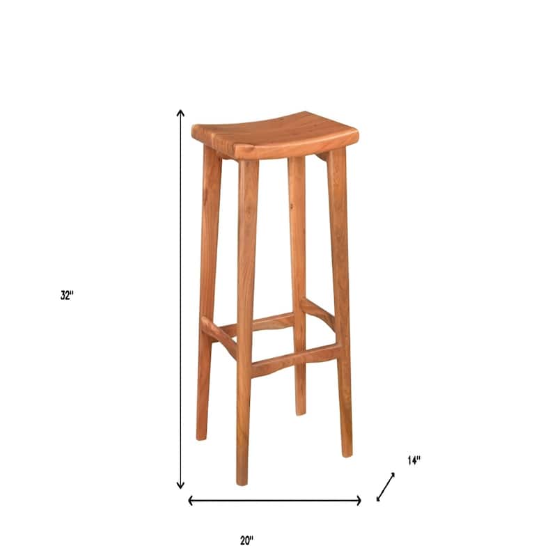 Brown Acacia Wood Saddle Seat Backless Bar Stool with Footrest - 14" D x 20” x 32” (D x W x H)