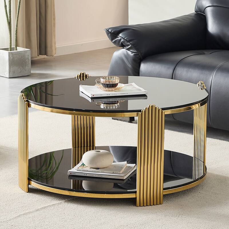 35inch Modern Coffee Table, Double-Layer Tempered Black Glass & Gold Stainless Steel Frame Living Room Table