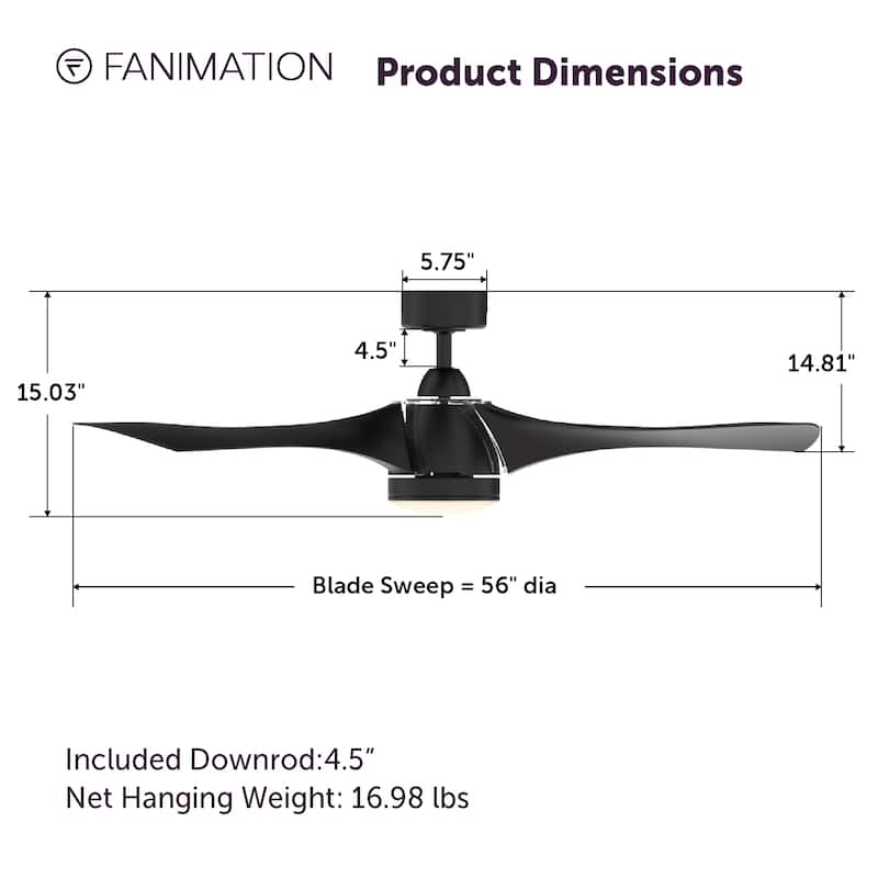 Fanimation Klear 56 inch Indoor/Outdoor Smart Ceiling Fan with LED CCT Select Light Kit and Remote - Black