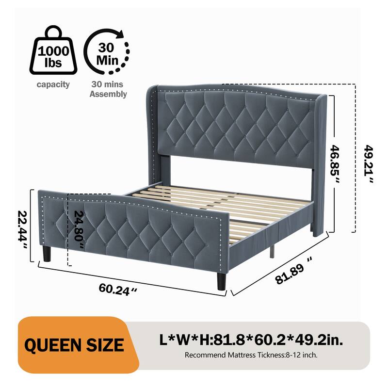 Modern Queen Size Upholstered Platform Bed Frame with Wingback Headboard, No Box Spring Needed, Easy Assembly for Bedroom
