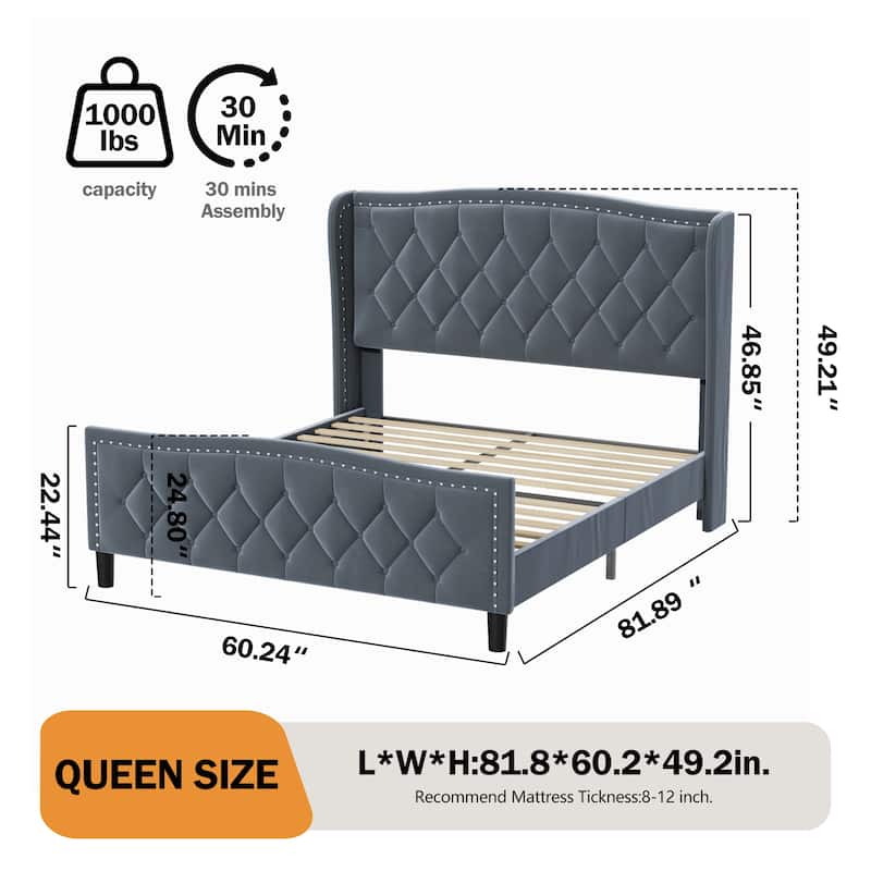 Modern Upholstered Velvet Platform Bed with Wingback Headboard and Wood Slat Support