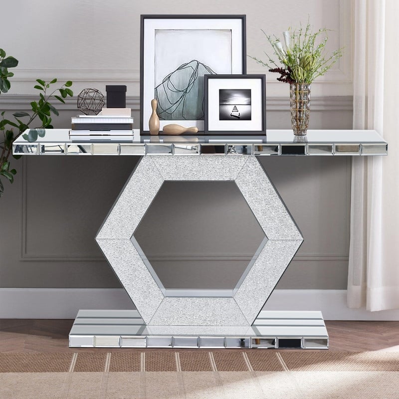 Modern 55" Crystal Hexagon Mirror Console Table Entryway Foyer Decor with Diamond Glass Effects - Silver