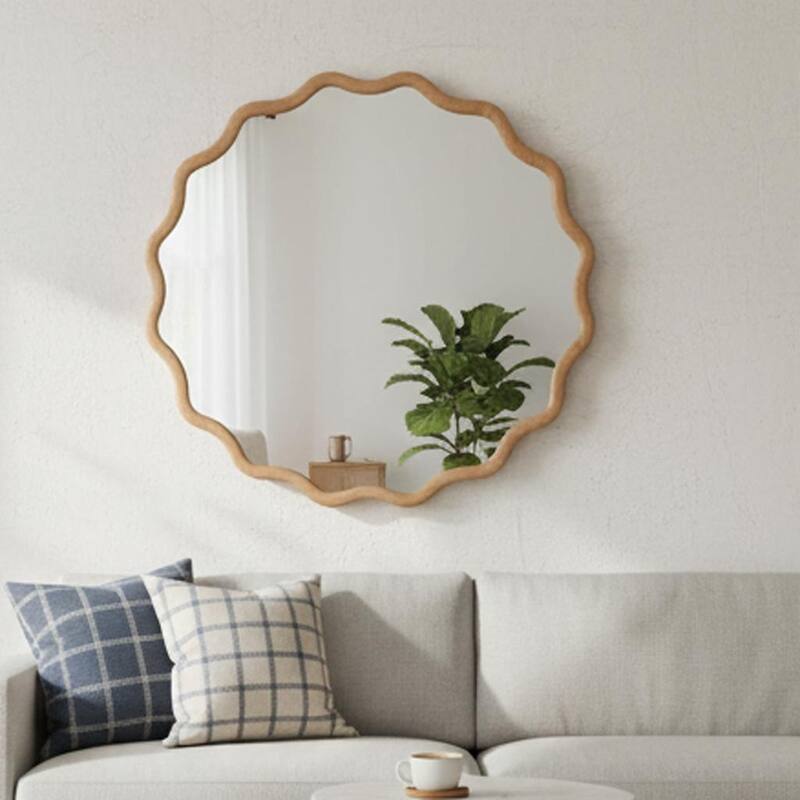 24 inch Wavy Round Solid Wood Frame Decorative Mirror,For Bedroom, Bathroom, Living Room, Entryway