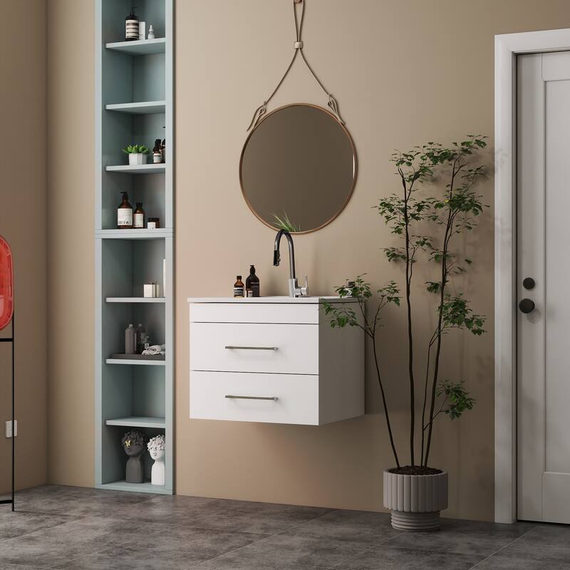 GDFStudio - 24-Inch Gloss Wall-Mounted Bathroom Vanity with Double Drawers Ceramic Sink, and Aluminium Frame