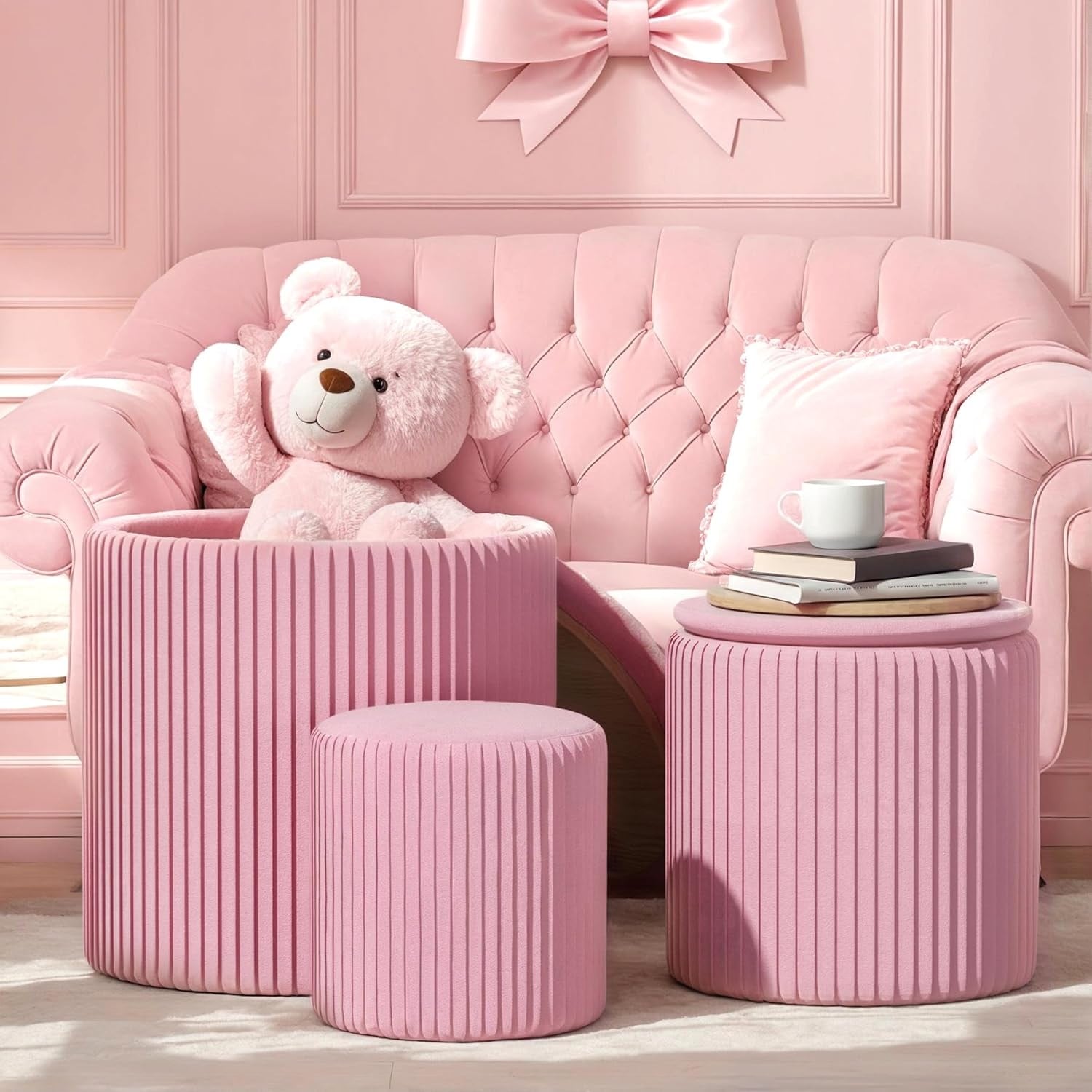 Round Ottoman Coffee Table Set of 3 with Storage, Velvet Foot Stool for Living Room & Bedroom