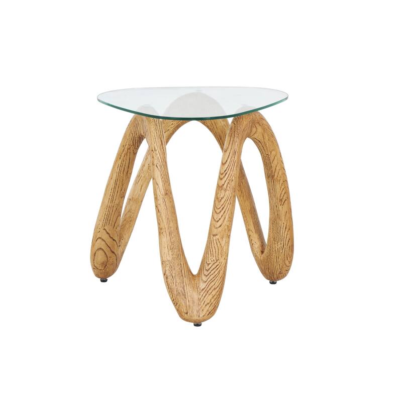 Light Brown Polystone Wood Inspired Wavy Abstract Accent Table with Glass Tabletop