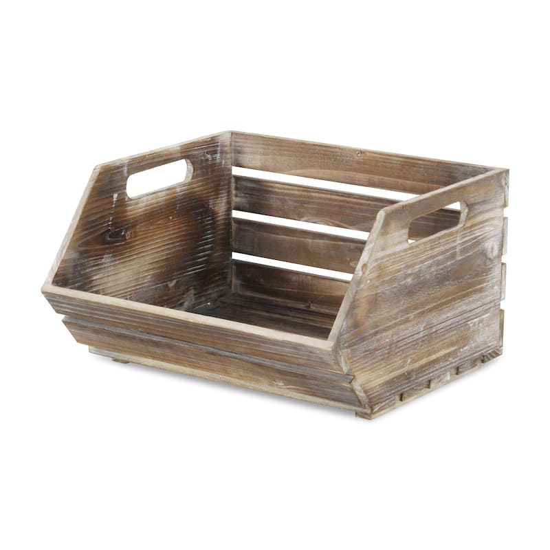 Natural Brown Wood Slat Stackable Storage with Side Handles - N/A