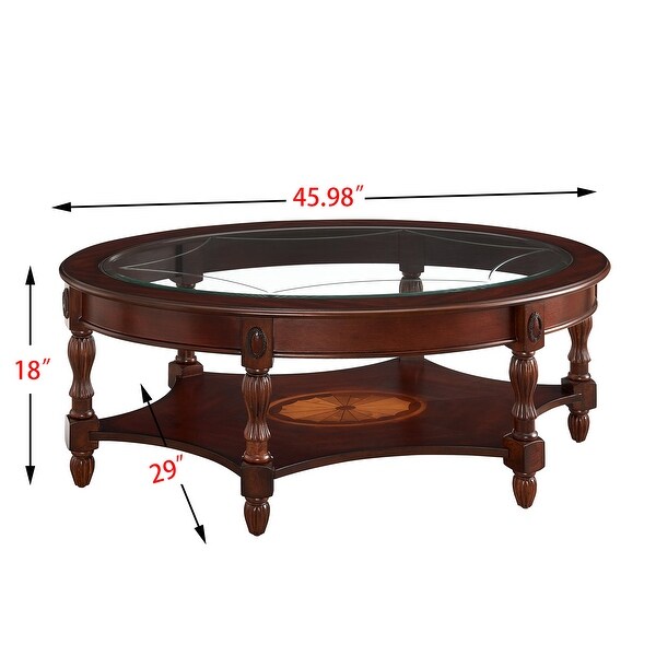 Vintage Solid Wood Oval Coffee Table with Tempered Glass Top and