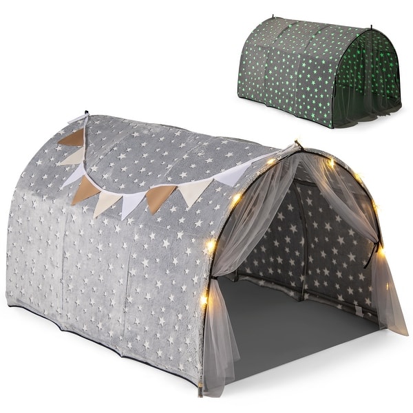 slide 2 of 9, Grey Flannel Kids Bed Tent with Glow Stars, Mesh Curtains and Playhouse Decor - 54" x 40" x 32" (L x W x H) Grey