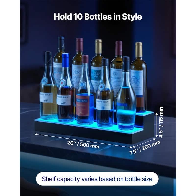 Multi-Color Acrylic LED 2-Tier Wine Bottle Shelf with Remote Control - 20 x 7.9 x 4.5 inch