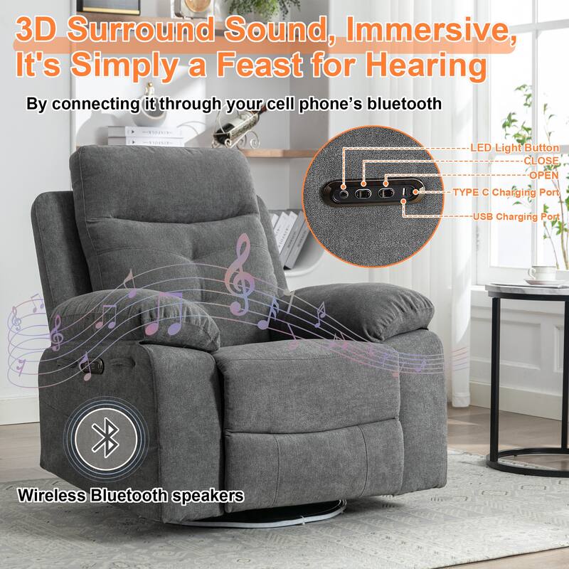 Modern Power Recliner with Bluetooth Speaker, LED Light, USB Charging Ports, Retractable Footrest and Storage Pockets