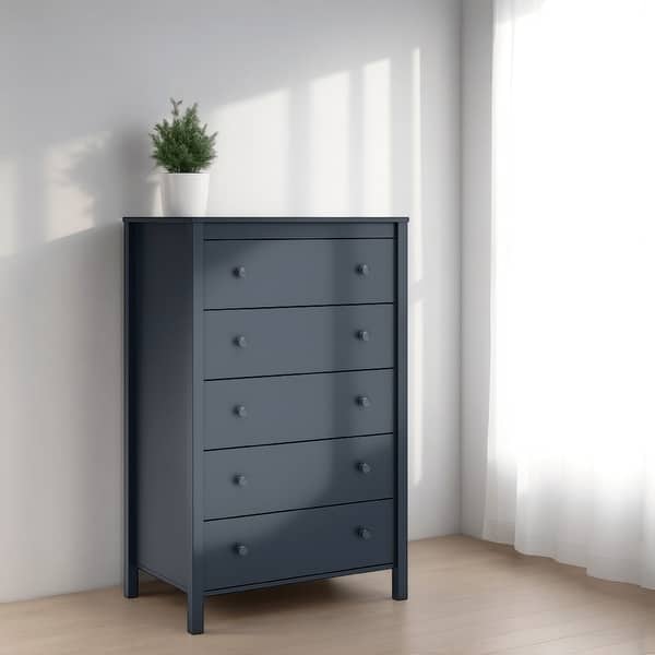 dark blue tall dresser Sely Tall Dresser Chest, 5 Drawers, Navy Blue Wood Nickel Ring Handles
