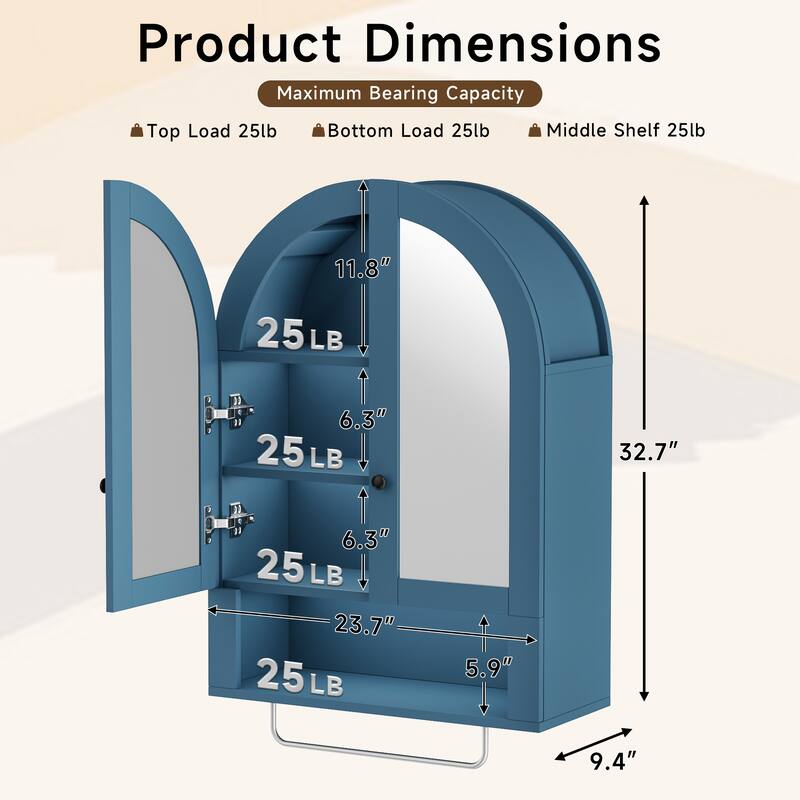 Wall Mounted Arched Cabinet with Mirrored Doors and Adjustable Shelves for Laundry Room, Bathroom, Kitchen