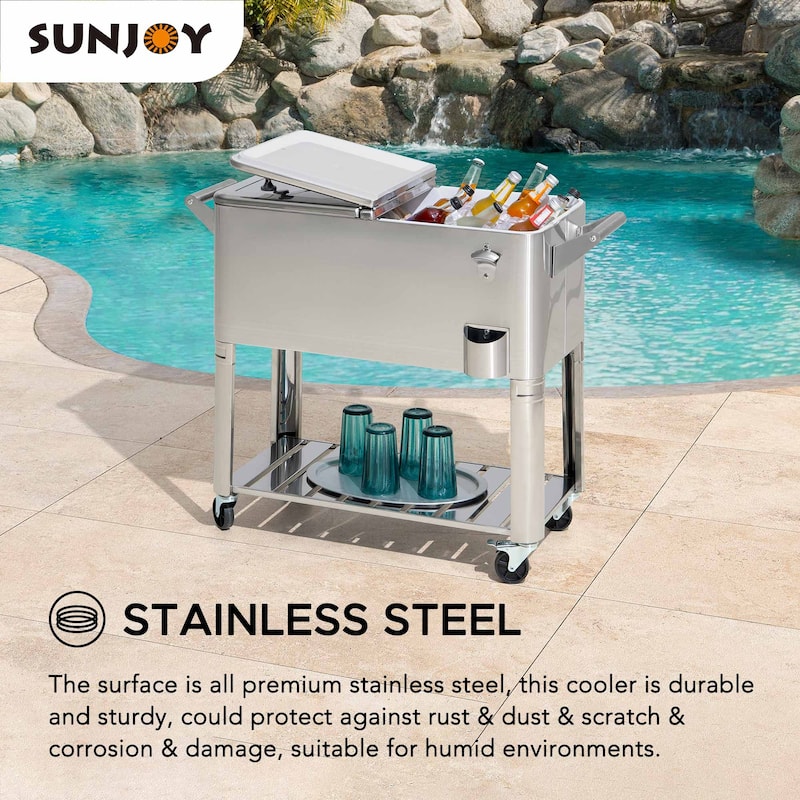 80 QT Patio Cooler Cart ,Stainless Steel Rolling Ice Chest with Steel Bottle Opener, Shelf and Lockable Wheels Sunjoy