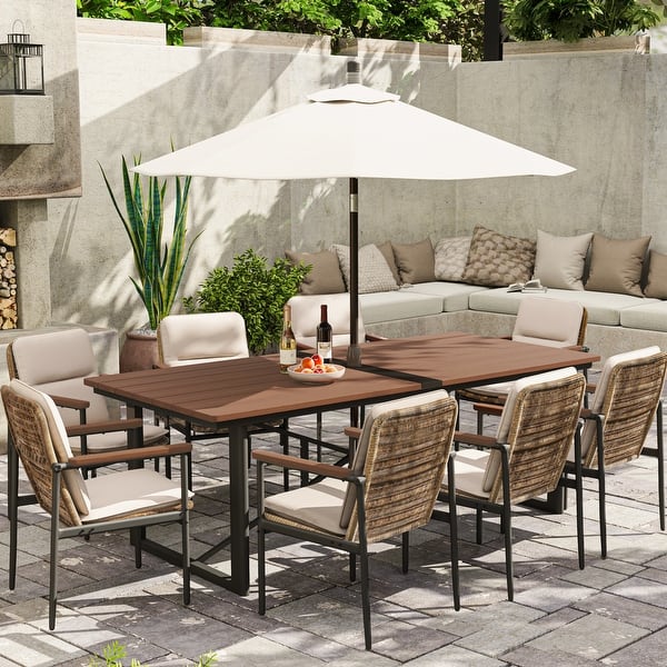 slide 2 of 9, PureCane 9-Piece Aluminum Outdoor Dining Set with Wooden Table Top, Wicker Chairs and Cushions Brown