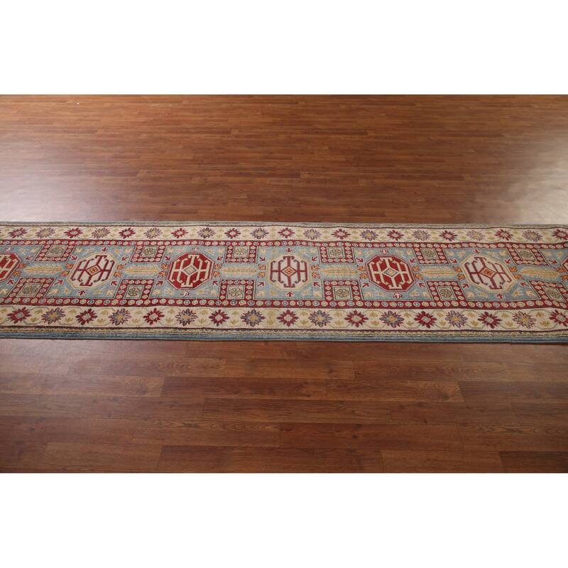 Light Blue Kazak Runner Rug Hand-Knotted Oriental Wool Carpet - 2'7" x 13'0"