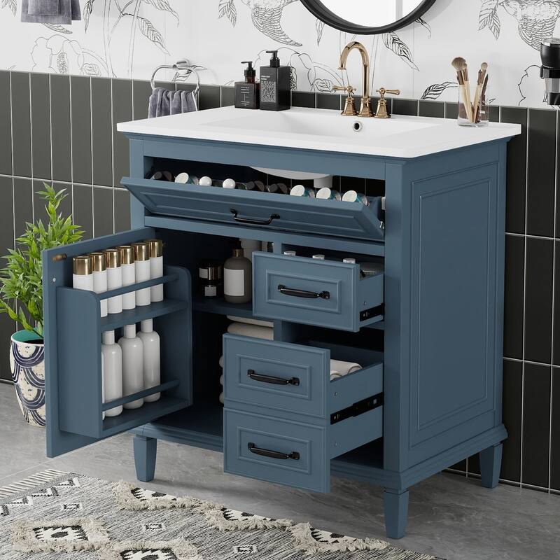 30 Inch Bathroom Vanity with Ceramic Sink Top, Flip Drawers, Freestanding Storage Cabinet (Faucet Not Included) - Blue Gray