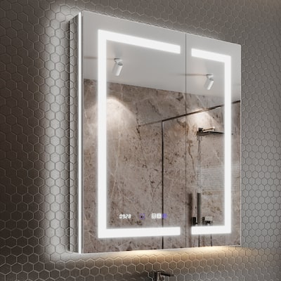 30 x 36 Lighted Medicine Cabinet with Mirror,Clock Temp Display,Defog,3 Colors Temper Dimmable,Surface or Recessed Mount
