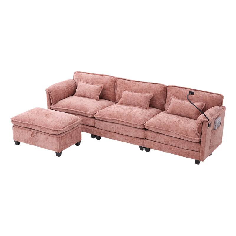 Modern Chenille Chaise Couch L-shaped Sectional Sofa with Storage Ottoman, Phone Holder, USB/Type-C Ports and Side Pockets
